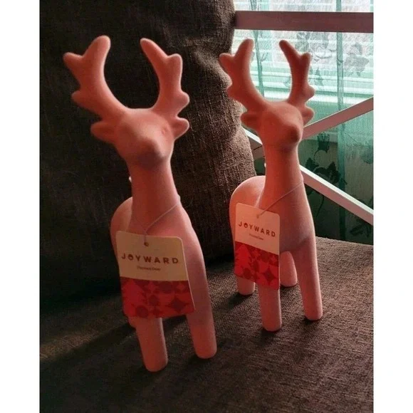 Deer Figurines in Coral Orange Joyward Flocked 9.6" Soft Feel, Set of 2 - NEW - Picture 1 of 7